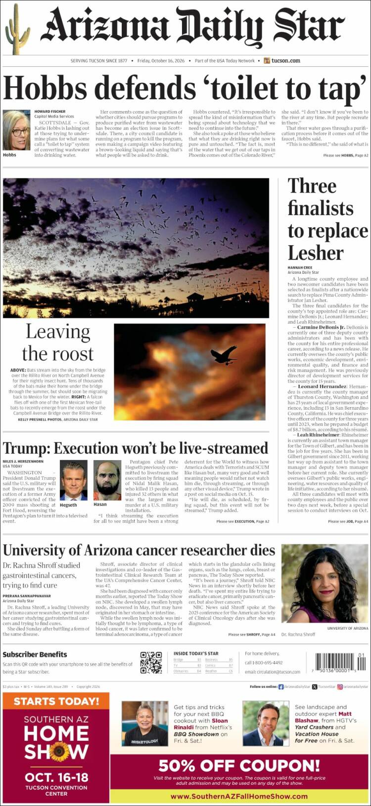 Portada de Arizona Daily Star (USA)