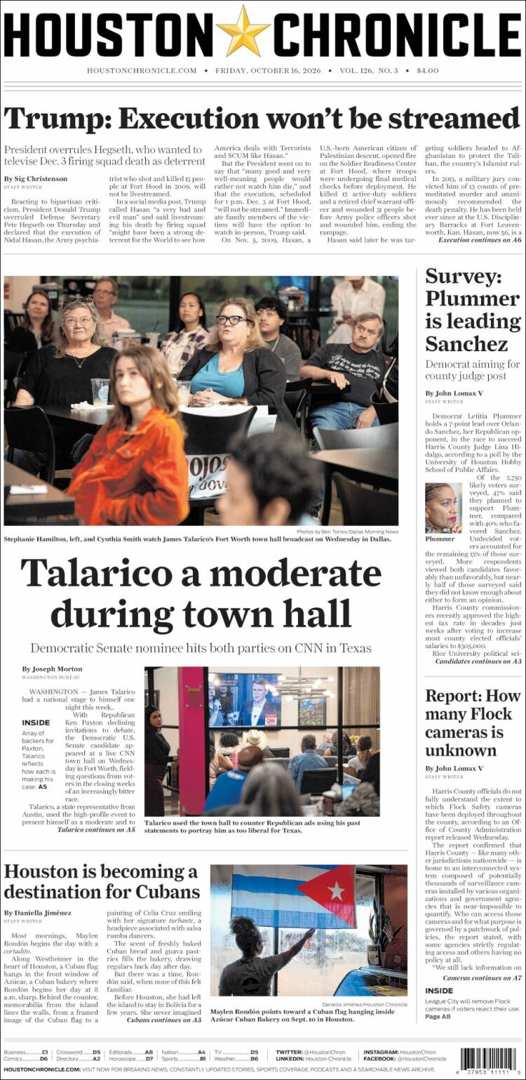 Portada de Houston Chronicle (USA)