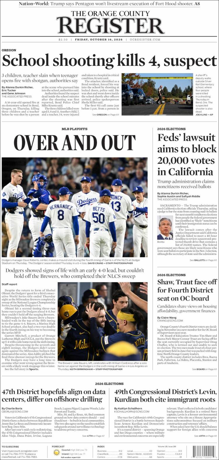 Portada de The Orange County Register (USA)
