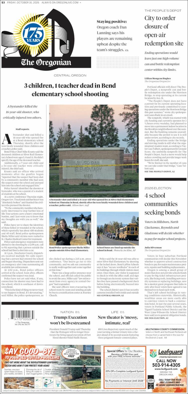 Portada de The Oregonian (USA)