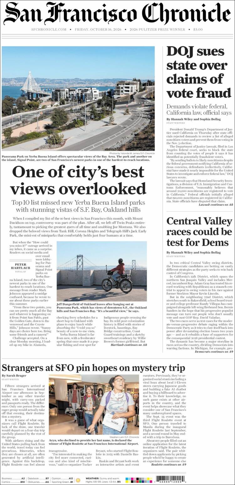 Portada de San Francisco Chronicle (USA)