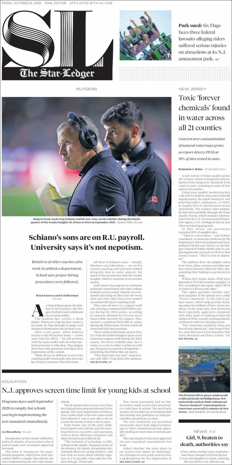 Portada de Star-Ledger (USA)