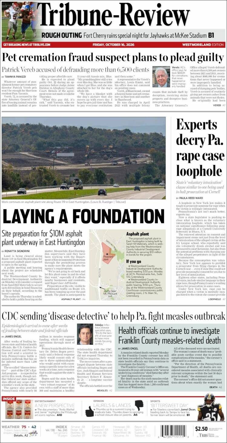 Portada de Tribune-Review (USA)