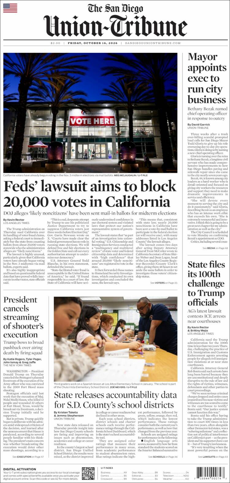 Portada de The San Diego Union-Tribune (USA)
