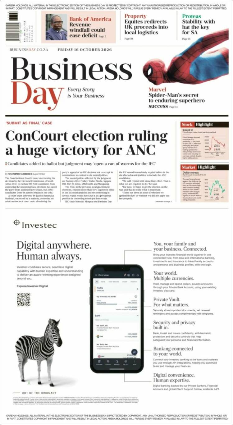 Portada de Business Day (Sud&aacute;frica)