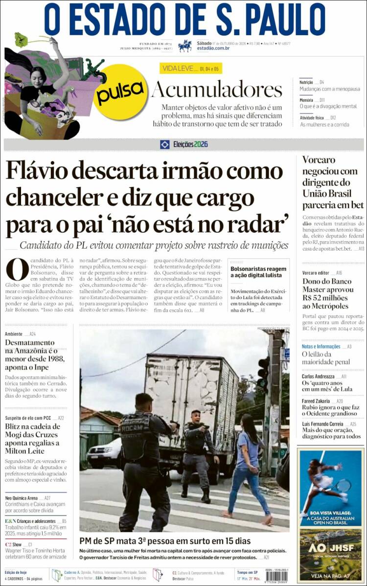 Estadao front page, 17/10/2026