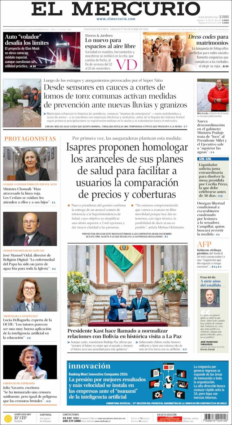 Portada de El Mercurio (Chili)