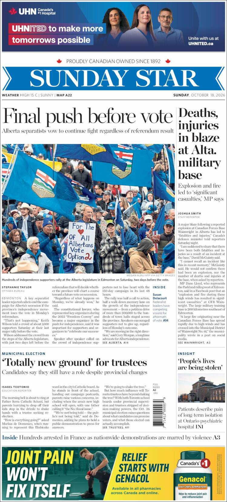 Portada de The Toronto Star (Canada)