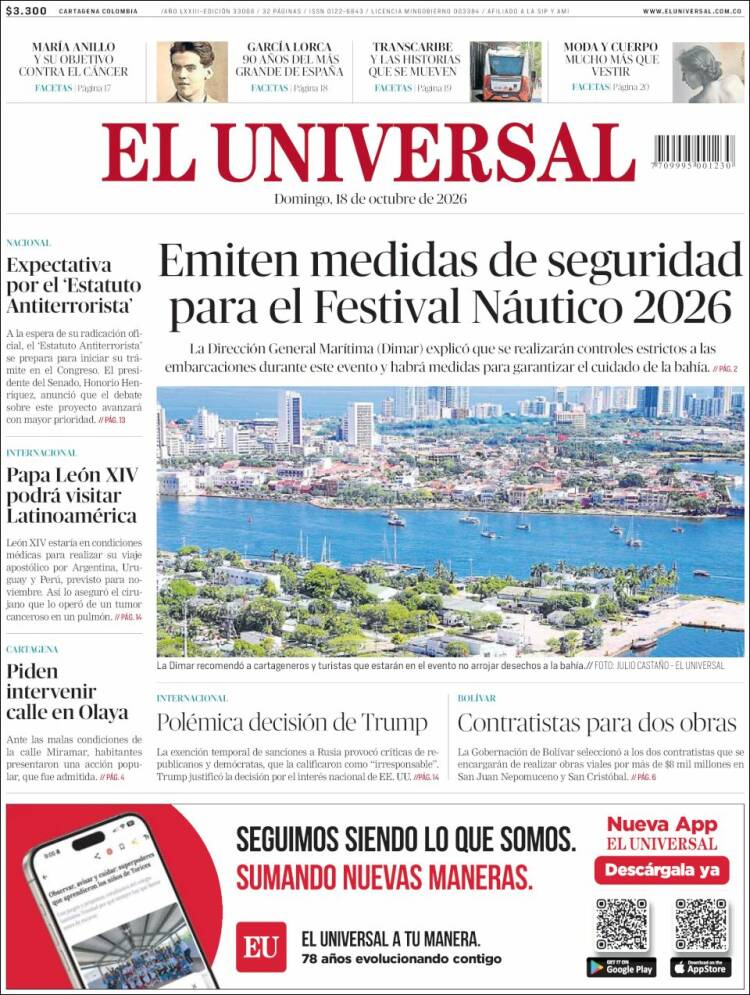 Portada de El Universal (Colombia)