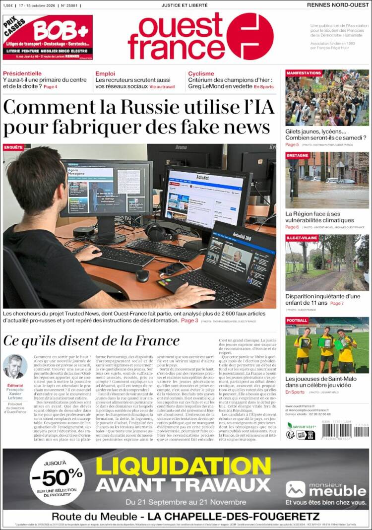 Portada de Ouest France (Francia)