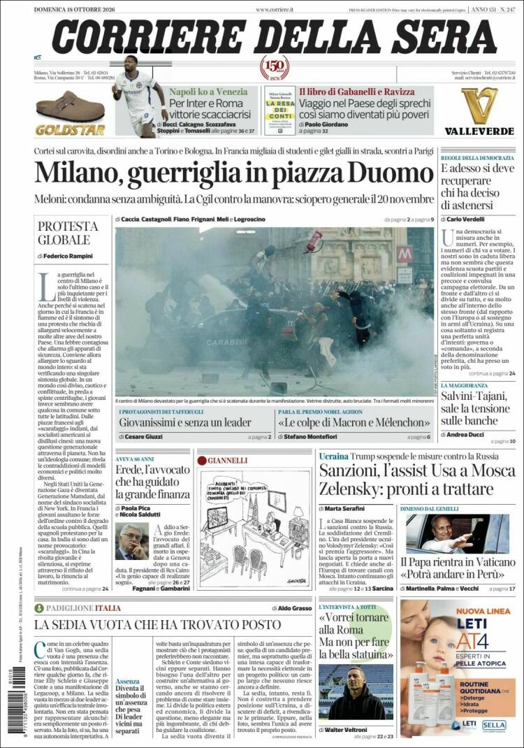 Portada de Corriere della Sera (Italia)