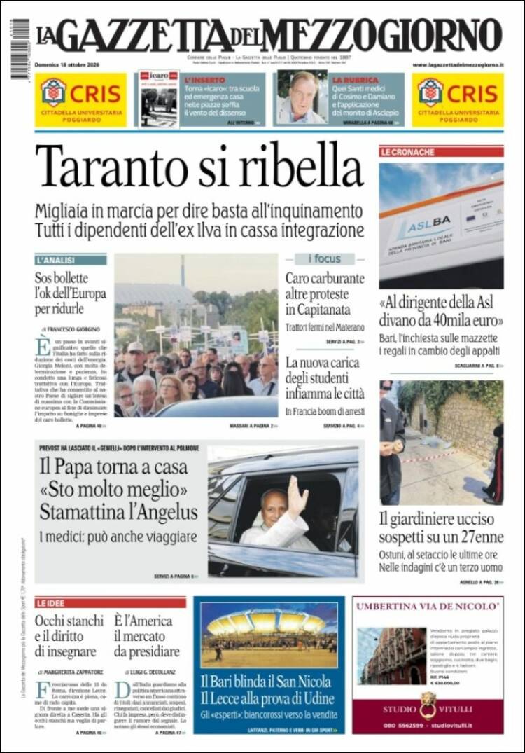 Portada de La Gazzetta del Mezzogiorno (Italia)