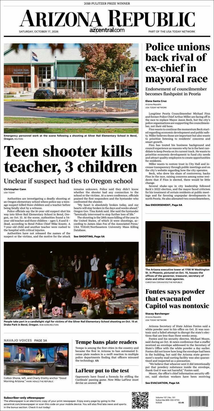 Portada de Arizona Republic News (USA)