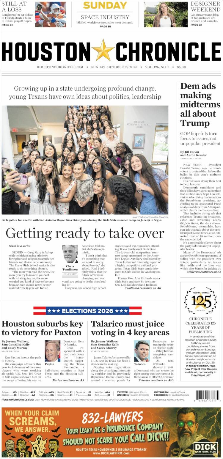 Portada de Houston Chronicle (USA)