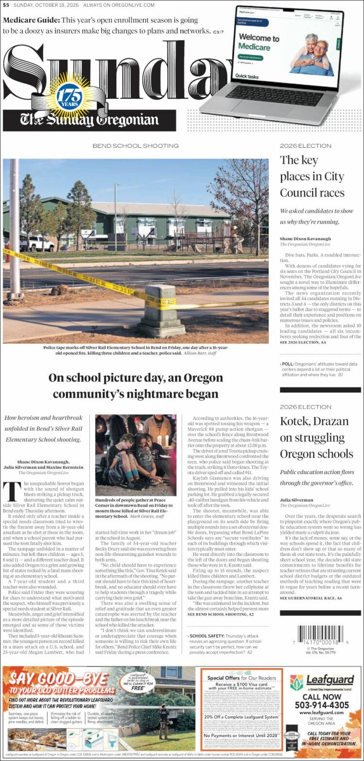 Portada de The Oregonian (USA)
