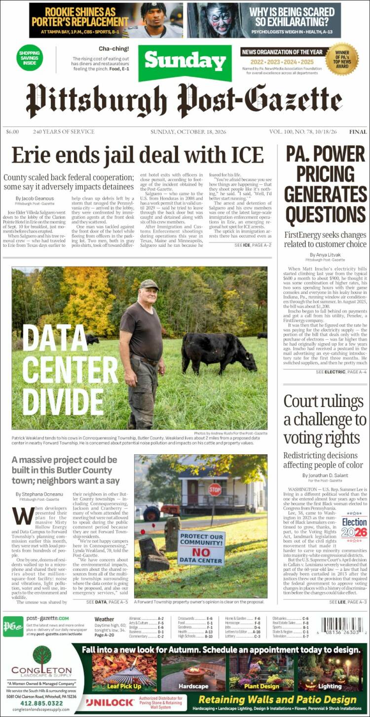 Portada de Pittsburgh Post-Gazette (USA)