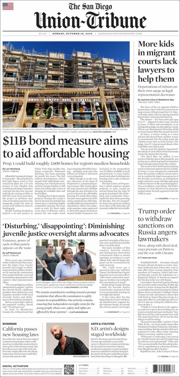 Portada de The San Diego Union-Tribune (USA)