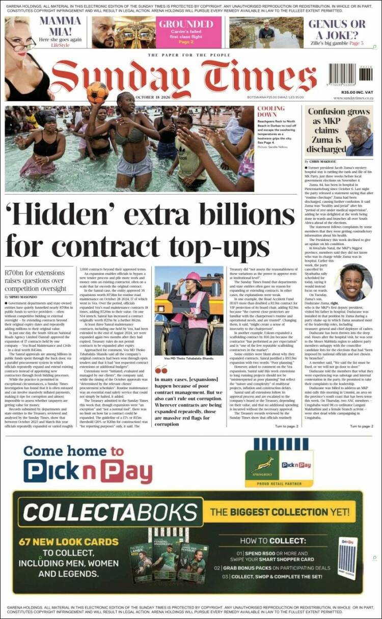 Portada de The Times (Sud&aacute;frica)