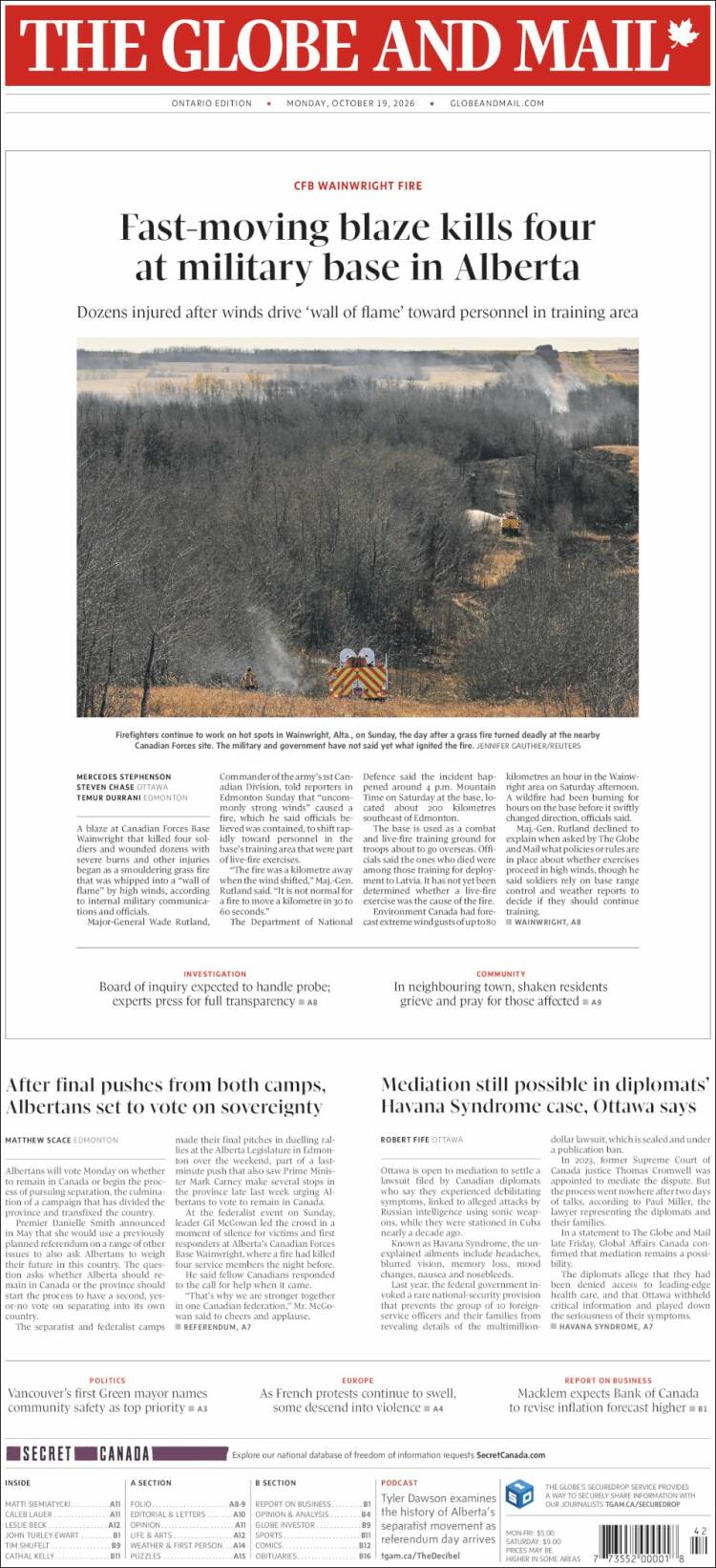 Portada de The Globe and Mail (Canad&aacute;)
