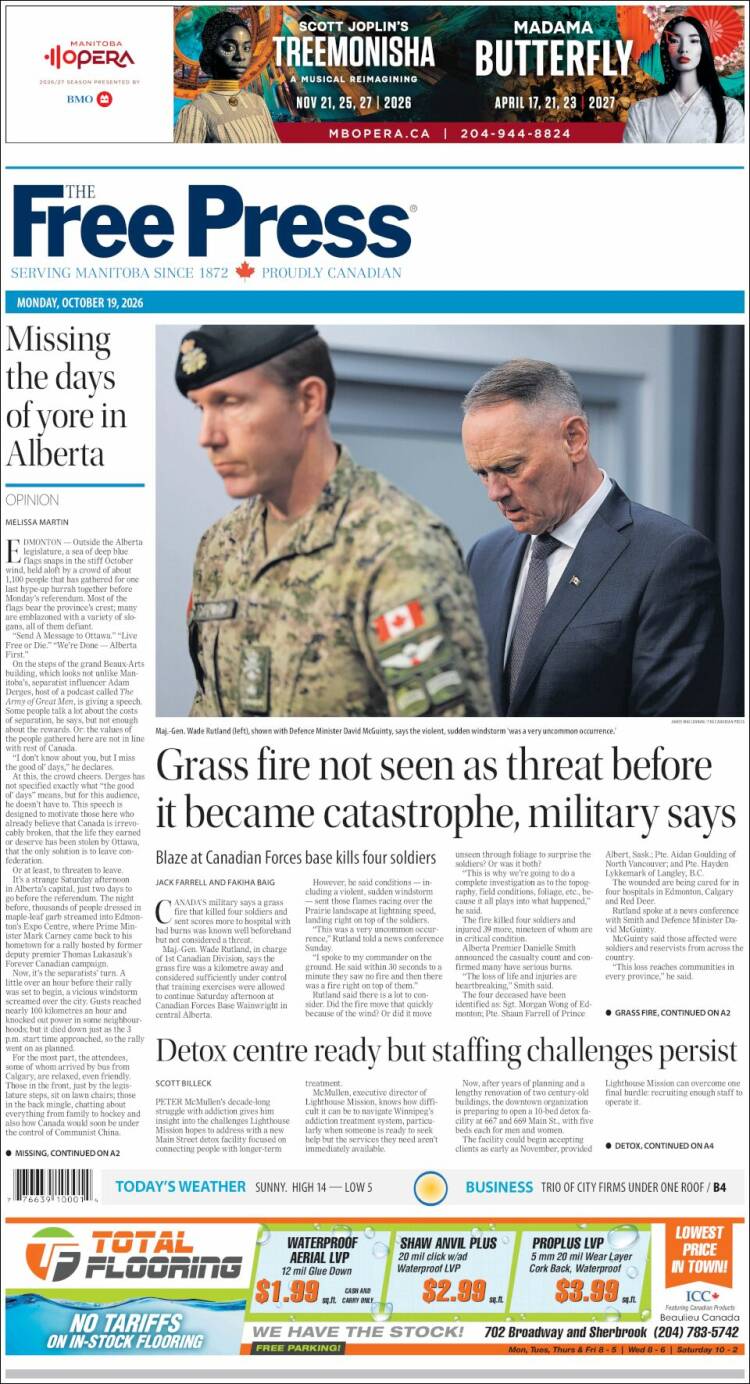 Portada de Winnipeg Free Press (Canad&aacute;)