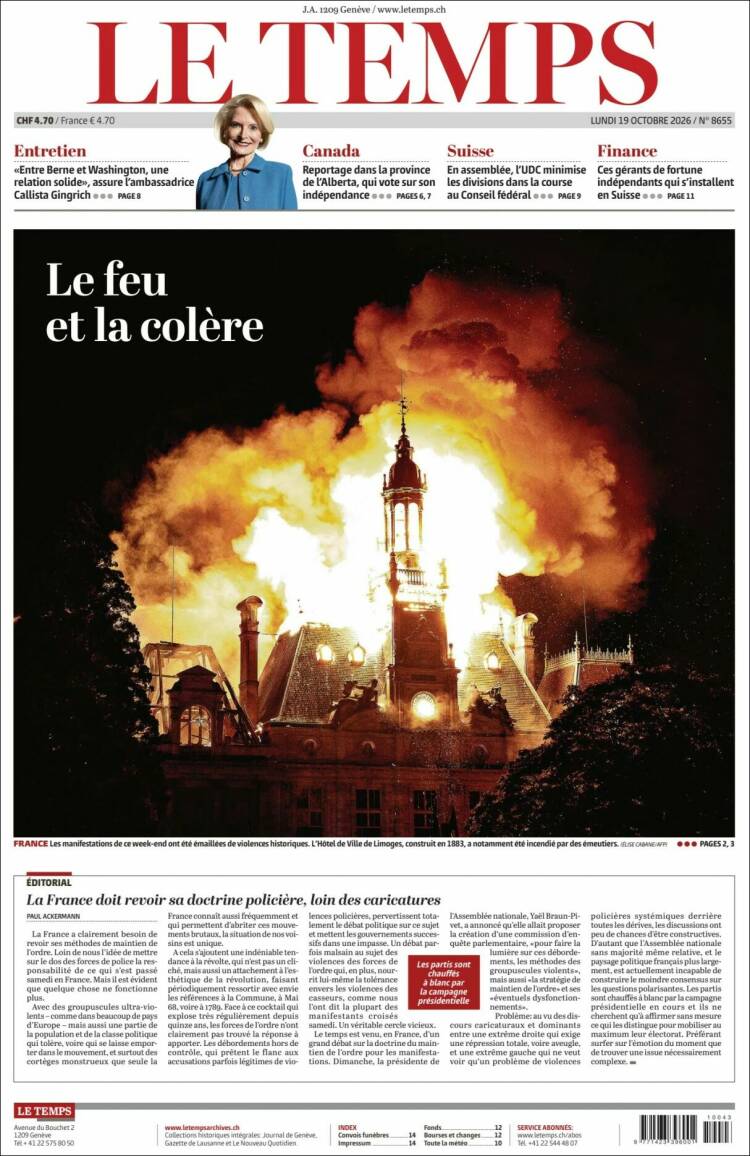Portada de Le Matin (Suiza)