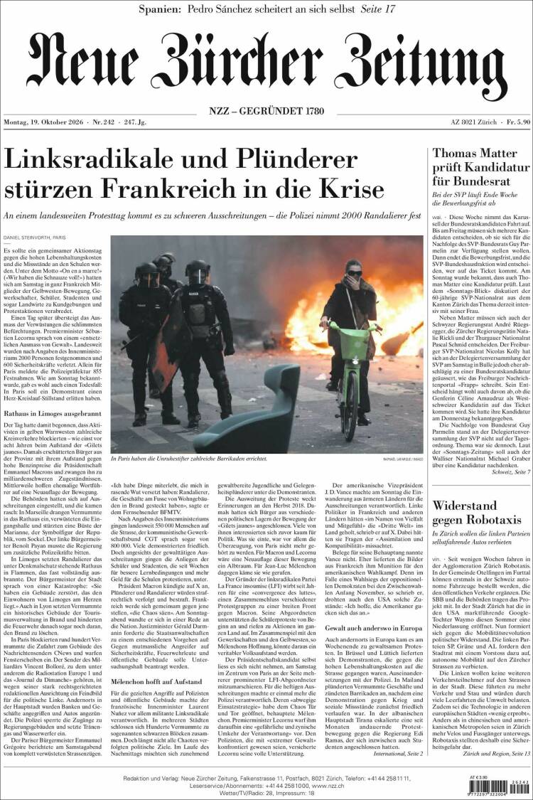 Portada de Neue Zürcher Zeitung (Suiza)