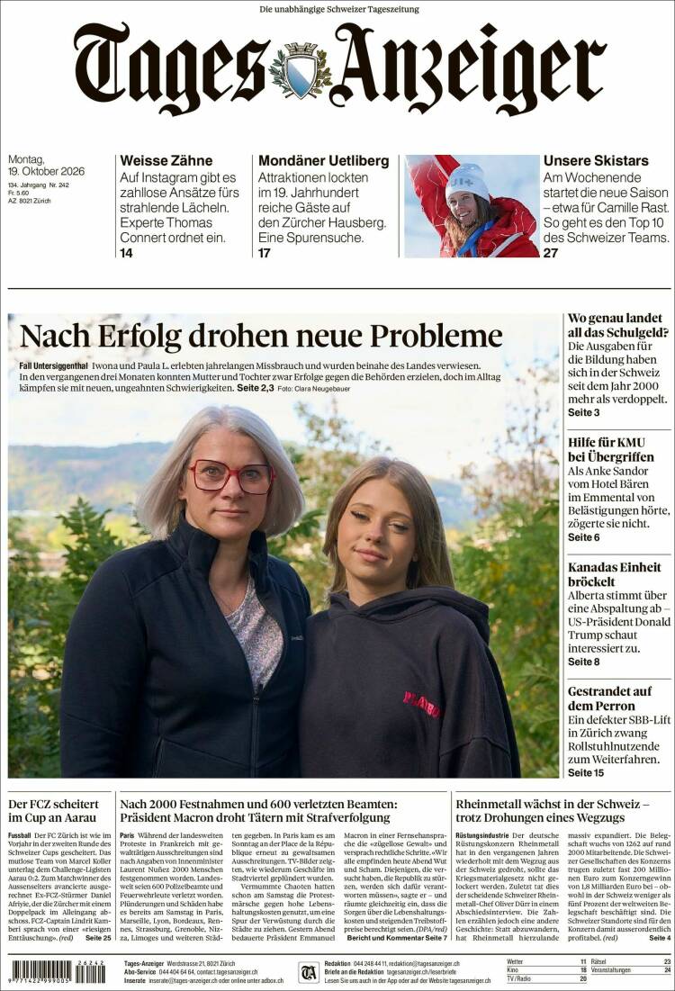Portada de Tages-Anzeiger (Suiza)