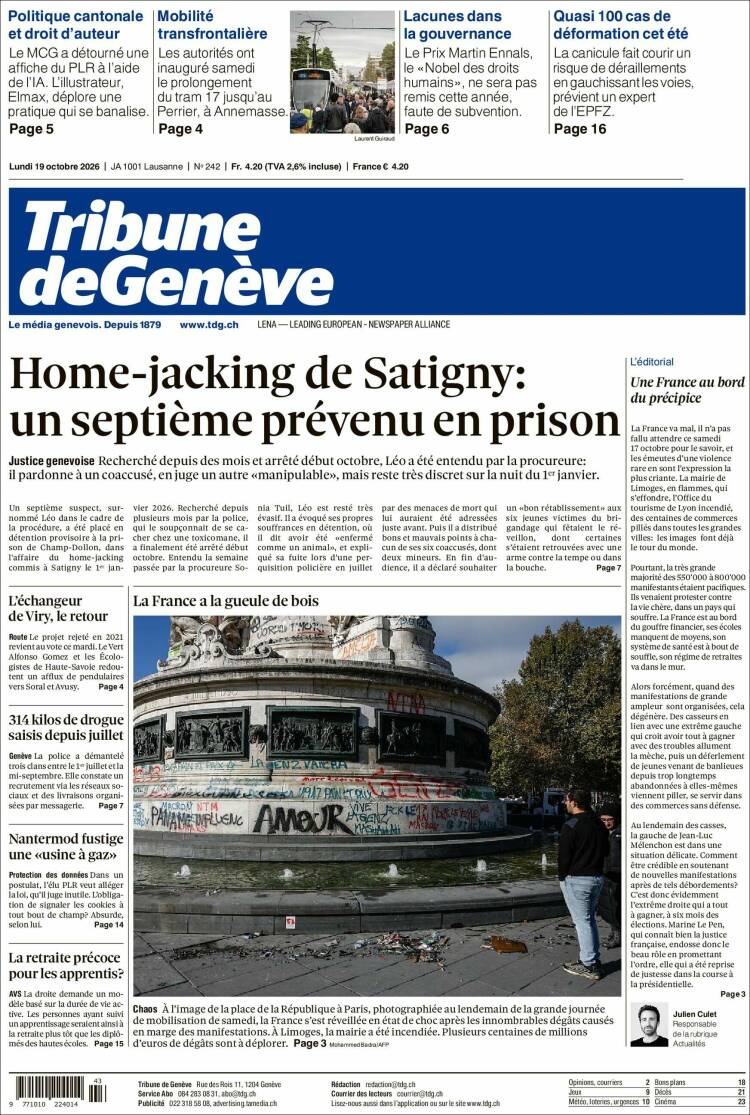 Portada de La Tribune de Genève (Suiza)
