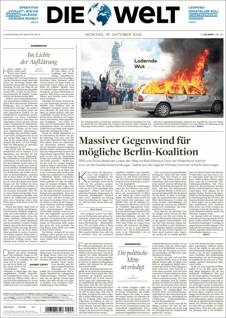 Portada de Die Welt (Alemania)