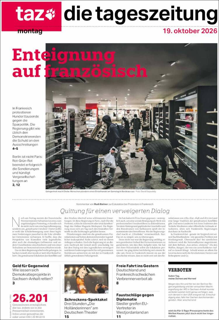 Portada de Die Tageszeitung (Alemania)