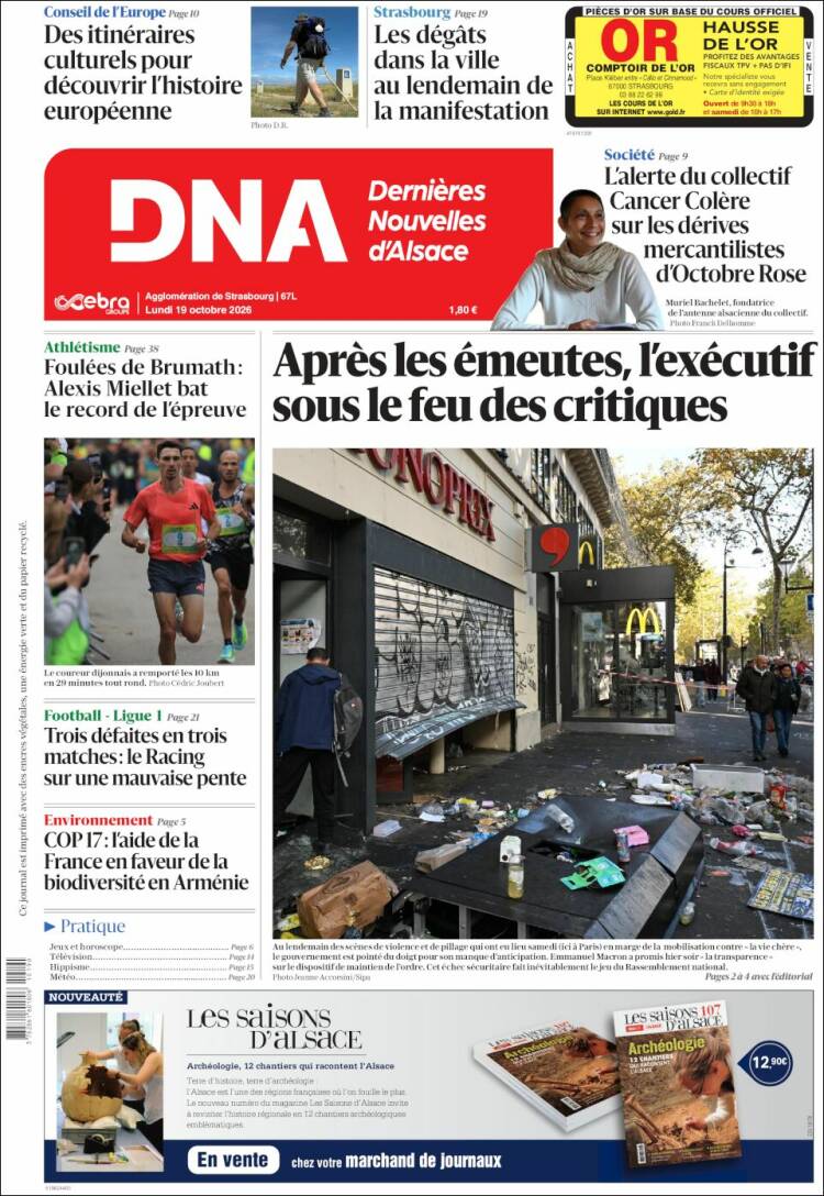 Portada de Les Dernières Nouvelles d'Alsace (Francia)