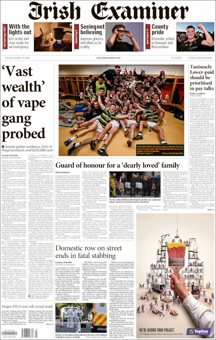 Portada de Irish Examiner (Irlanda)