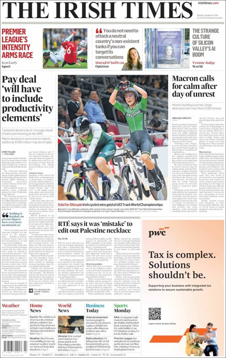 Portada de Irish Times (Irlanda)