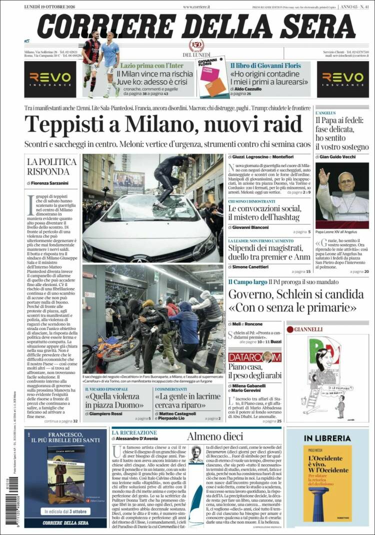 Portada de Corriere della Sera (Italia)