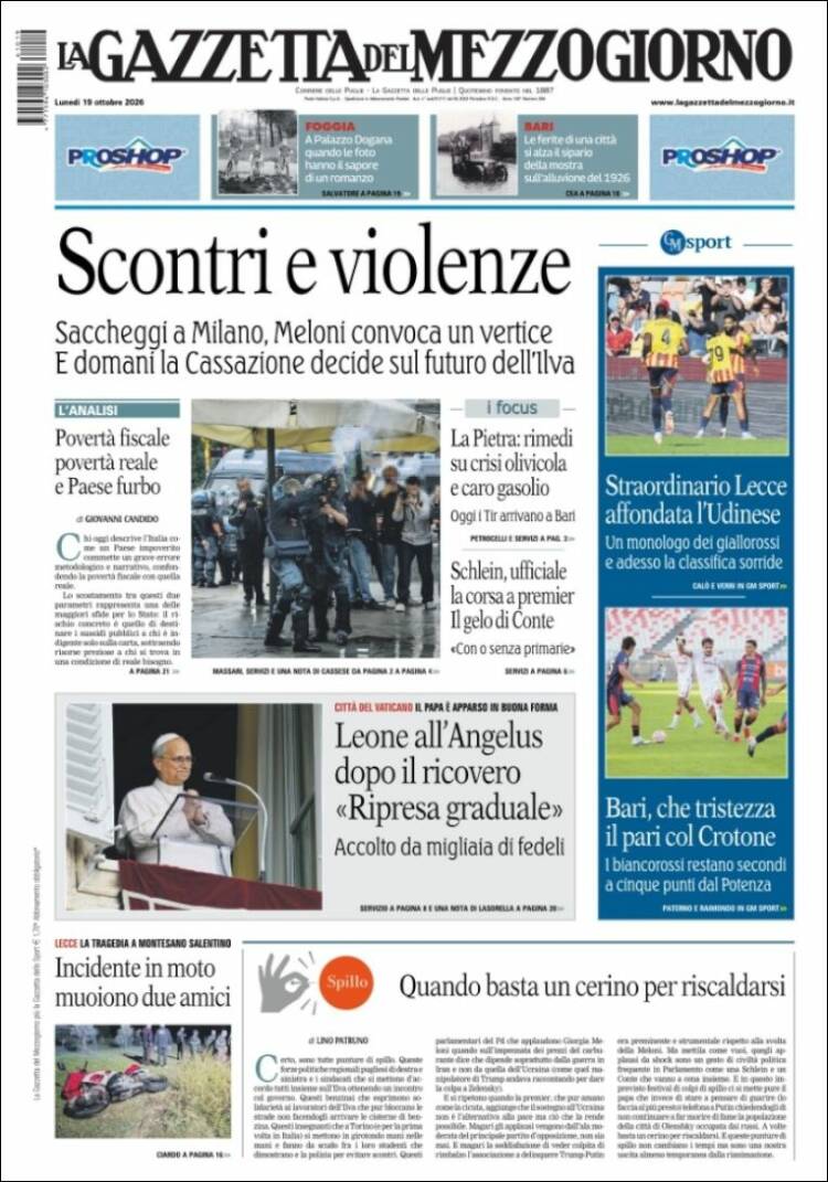 Portada de La Gazzetta del Mezzogiorno (Italia)