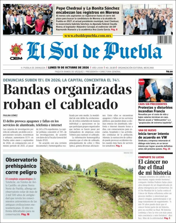 Portada de El Sol de Puebla (M&eacute;xico)