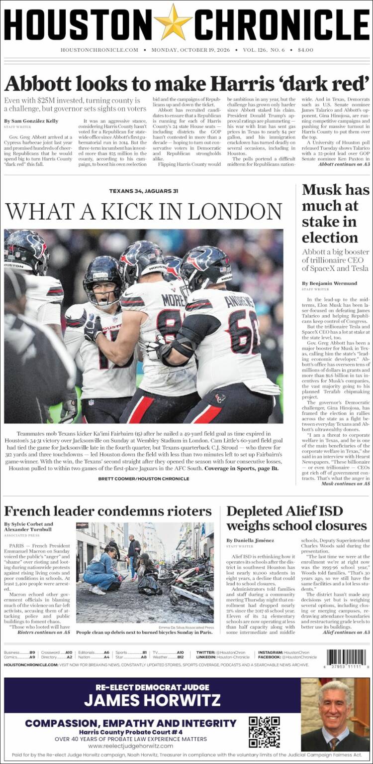 Portada de Houston Chronicle (USA)