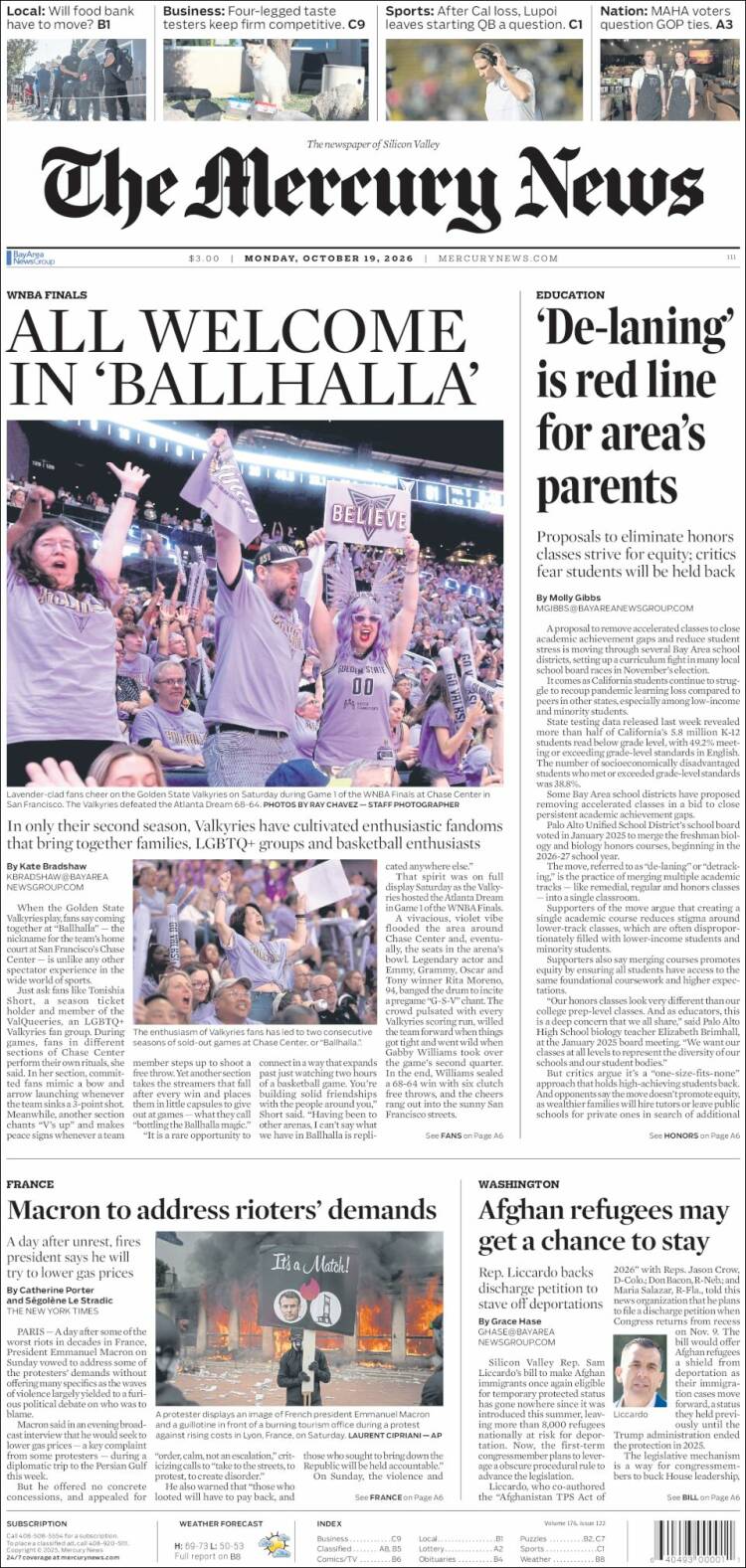 Portada de San Jose Mercury News (USA)