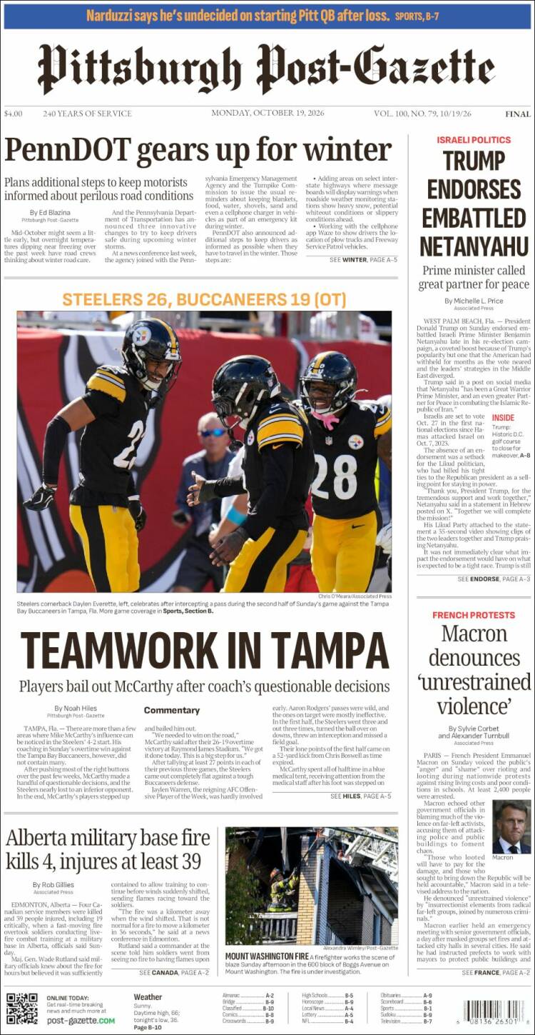Portada de Pittsburgh Post-Gazette (USA)