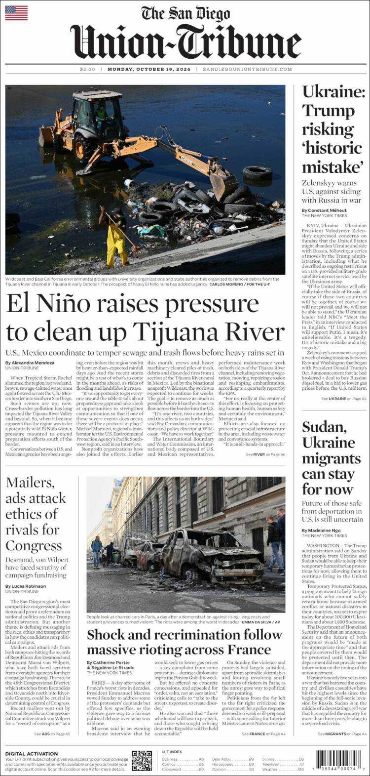 Portada de The San Diego Union-Tribune (USA)