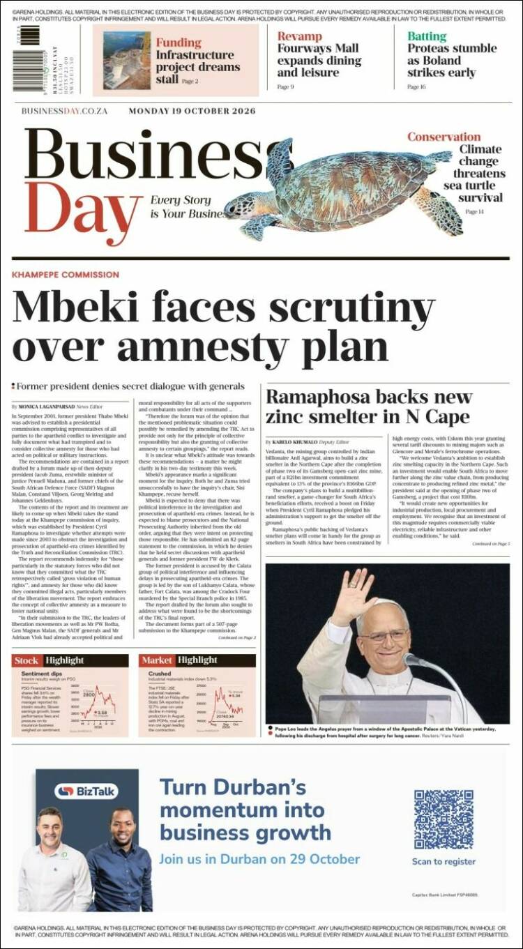 Portada de Business Day (Sud&aacute;frica)