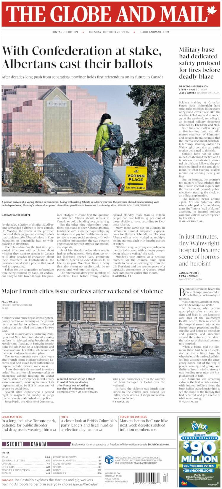 Portada de The Globe and Mail (Canad&aacute;)