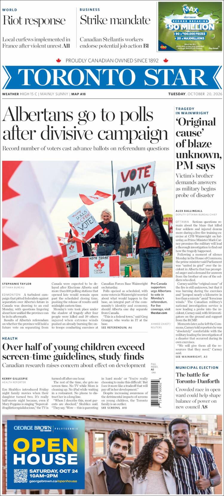 Portada de The Toronto Star (Canad&aacute;)