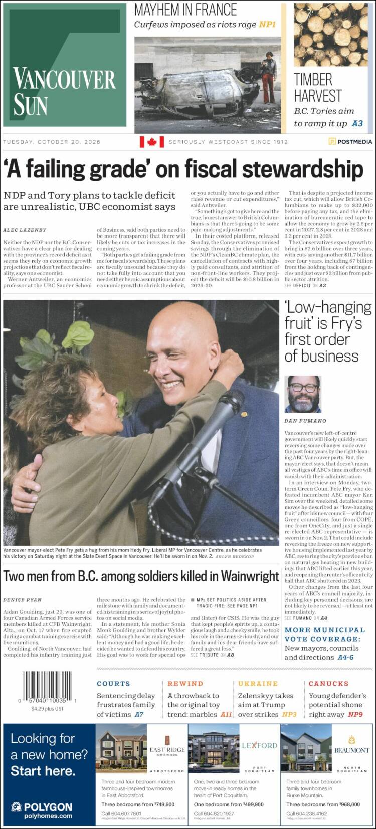 Portada de The Vancouver Sun (Canad&aacute;)