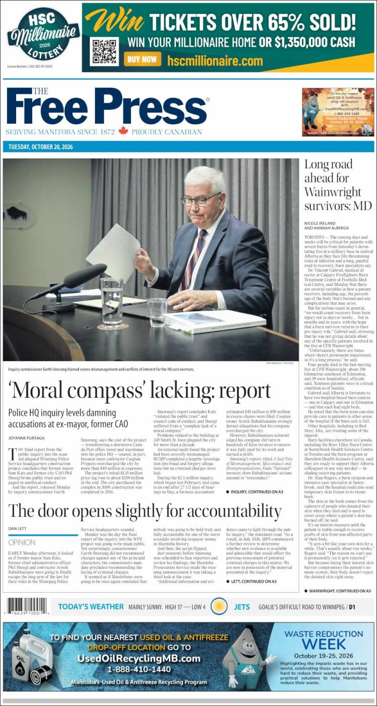 Portada de Winnipeg Free Press (Canad&aacute;)