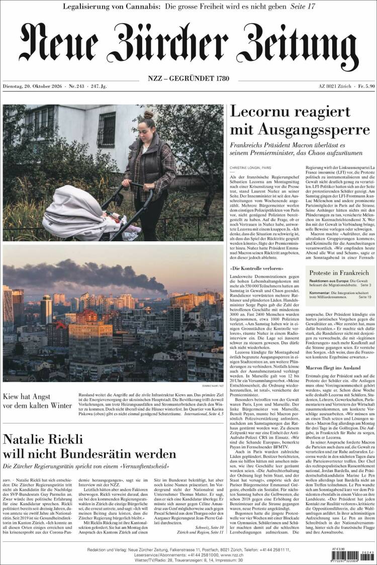 Portada de Neue Zürcher Zeitung (Suiza)