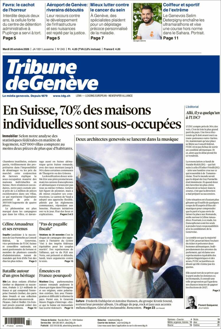 Portada de La Tribune de Genève (Suiza)