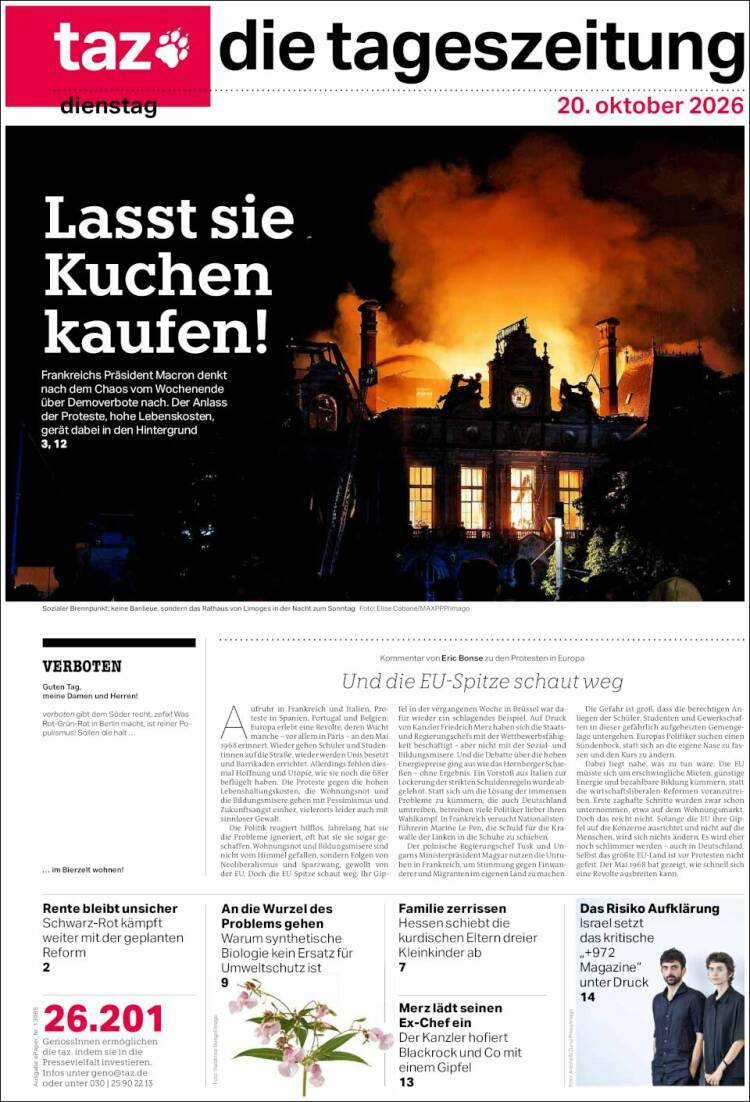 Portada de Die Tageszeitung (Alemania)