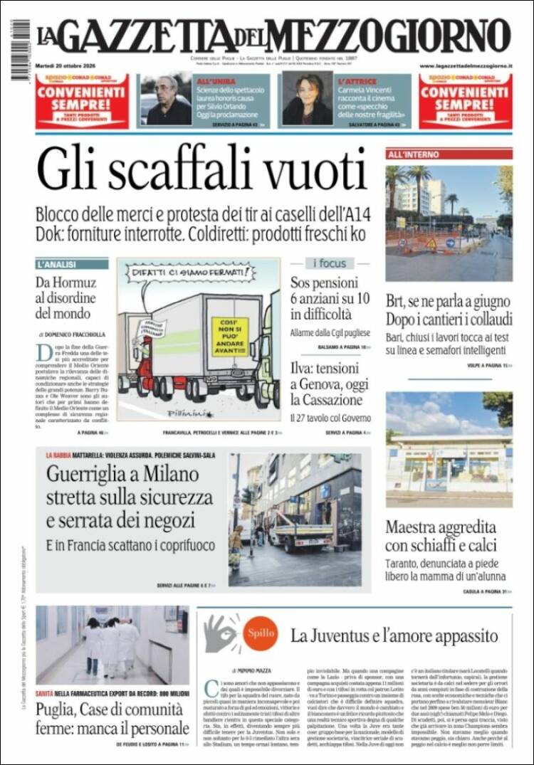 Portada de La Gazzetta del Mezzogiorno (Italia)