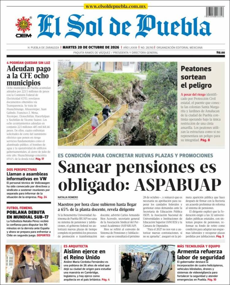 Portada de El Sol de Puebla (M&eacute;xico)